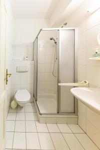 a bathroom with a shower and a toilet and a sink at Mountain Horse Ranch Vienna Alps 