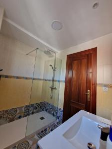 a bathroom with a shower and a tub and a sink at Virgen de Luján Triana in Seville