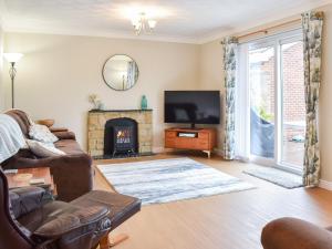 a living room with a couch and a tv and a fireplace at Meadowfield View in Ryton