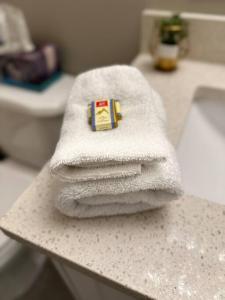 una pila de toallas en una encimera en el baño en Home Suite Home in Promontory Heights 1bdrm suite en Chilliwack