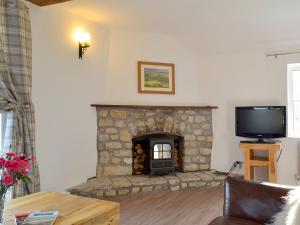 sala de estar con chimenea de piedra y TV en Hopedene Cottage, en Weare