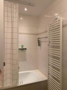 a white bathroom with a tub and a shower at Ferienwohnung für kleine und große Reisegruppe in Dresden