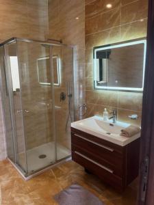 a bathroom with a shower and a sink at Spacious, Bright, Valley & Sea View Maisonette in Xagħra