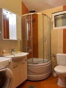 y baño con ducha, aseo y lavamanos. en Vila Natalia, en Petrovac na Moru