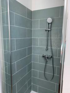 a bathroom with a shower with blue tiles at Le Pressoir Macy - Terracobois in Choussy