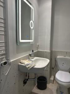 La salle de bains est pourvue d'un lavabo, de toilettes et d'un miroir. dans l'établissement Rooms in luxurious apartment in Old town of Tunis, near Medina, à Tunis