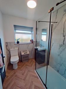 a bathroom with a toilet and a glass shower at Coastal Bungalow in Prestatyn