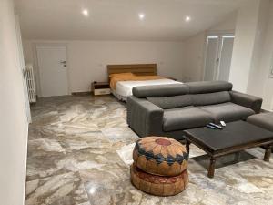 uma sala de estar com um sofá e uma cama em Attico Marsiglie em Casal Fiumanese