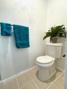 a bathroom with a toilet and two blue towels at Private room Plano in Plano