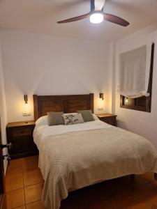 a bedroom with a large bed with a ceiling fan at La Magia de Grazalema in Grazalema