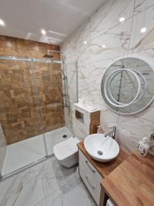 La salle de bains est pourvue d'une douche, de toilettes et d'un lavabo. dans l'établissement Moniuszko, à Lesko