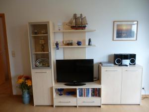 a entertainment center with a flat screen tv in a living room at Ferienwohnung direkt am Ryck- Nähe UNI und Kliniken in Greifswald