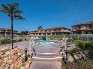 una pequeña piscina en un patio con una palmera en Romantic Getaway to Seascape Villa, en Aptos