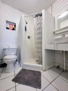 a bathroom with a shower and a toilet and a sink at Acadiana Hideaway Tiny House in Lafayette