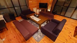 山樹荘 في Amagase: اطلالة علوية لغرفة معيشة بها كنب وطاولة