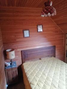 ein Schlafzimmer mit einem Bett und einer Holzwand in der Unterkunft Ker Loïc, Les Dunes, La Mer in Saint-Pabu