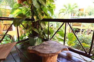 a wooden bench sitting on a porch with a plant at Hotel Bosque Caribe, 5th Av. zone in Playa del Carmen