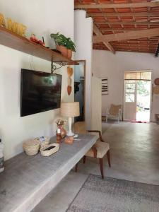 a living room with a table and a tv on a wall at casadamaro in Santa Maria Madalena