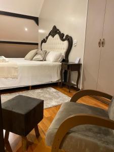 1 dormitorio con 1 cama, 1 silla y 1 mesa en Edelweiss Pomerode, en Pomerode