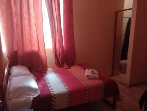 Cama pequeña en habitación con ventana en Hostal El Conde en Tacna
