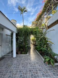 een loopbrug naar een huis met een poort en planten bij Casa Blanca in Santiago del Estero