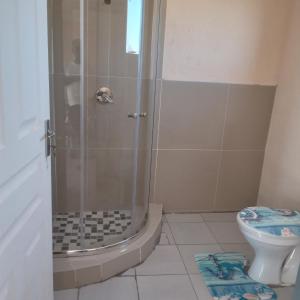 uma casa de banho com um chuveiro e um WC. em Sandton guesthouse em Ga-Manapane