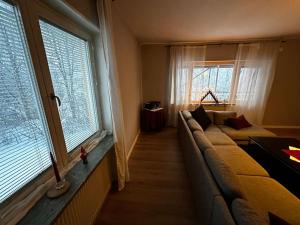 Ljungaverk的住宿－Nyrenoverad design lägenhet，带沙发和2扇窗户的客厅