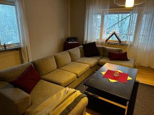 Ljungaverk的住宿－Nyrenoverad design lägenhet，客厅配有沙发和桌子