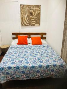 uma cama com duas almofadas laranja e um quadro em Hostel Casa Mar em Liberia