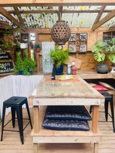 una mesa y dos taburetes en una habitación con plantas en The kauri Tree Pod - Off Grid Experience, en Levin