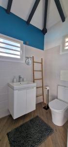 uma casa de banho com um lavatório branco e um WC. em La villa Tina em Ducos