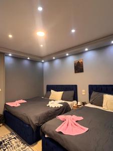 2 posti letto in una camera con asciugamani rosa di Pyramids Hills INN a Il Cairo
