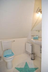 ein Bad mit einem WC und einem Waschbecken in der Unterkunft Ferienhaus Westhüs in Tinnum