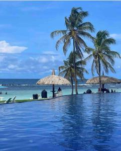 a swimming pool next to a beach with palm trees at A Hidden Gem in the Caribbean Paradise in María Grande