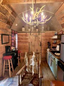 uma cozinha com uma mesa e um lustre numa cabina em Lazy Bear Retreat by the Creek em Pickens