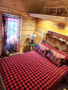 um quarto com uma cama xadrez num quarto em Lazy Bear Retreat by the Creek em Pickens