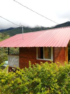una pequeña casa con techo de metal rojo en Mario's Lodge Providencia, en Copey