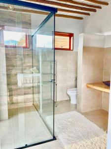 una ducha de cristal en un baño con inodoro en Refugio Araucária - Gonçalves Mg, en Gonçalves