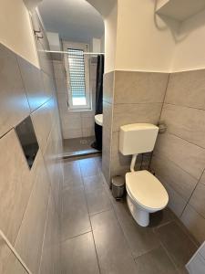 a bathroom with a toilet and a shower at City Apartment Hauptbahnhof in Graz