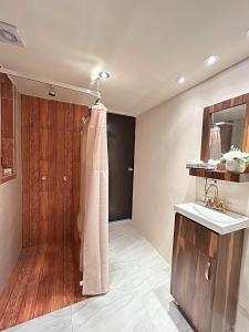 y baño con ducha, lavabo y espejo. en Residencias Las Flores, en La Paz