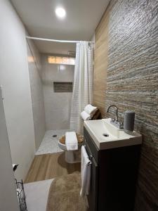 y baño con lavabo y ducha con aseo. en Residencias Las Flores, en La Paz