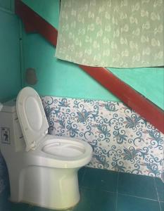 Shreenagar Homestay في Tānsen: حمام مع مرحاض مع أرضية مزينة بالورود