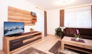 a living room with a television and a couch at Alp Chalet Appartement in Kappl
