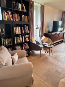 uma sala de estar com um sofá e uma prateleira cheia de livros em Entire villa only 35 minutes from Puy du Fou em La Chapelle-Saint-Étienne
