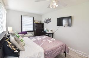 Schlafzimmer mit einem Bett und einem Flachbild-TV in der Unterkunft Sweet 1BR 1BA 5 min to lake 20 min to downtown CLT in Charlotte
