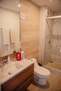 y baño con aseo, lavabo y ducha. en Luxury Loft Monterrey City Living at Landmark High Rise, en Monterrey