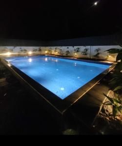 una gran piscina azul por la noche con luces en NEST RESORTS en Athirappilly