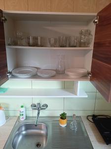 a sink in a kitchen with plates and glasses on shelves at Domki WIKA 2 in Ustka