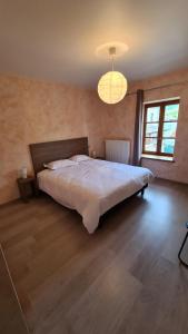 een slaapkamer met een groot bed en een kroonluchter bij Gite 15 personnes Les Depots in Saint-Didier-sur-Beaujeu