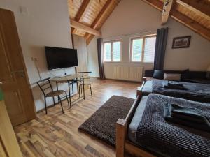 Schlafzimmer mit einem Bett, einem Tisch und einem TV in der Unterkunft Greenranch Studio Appartment 